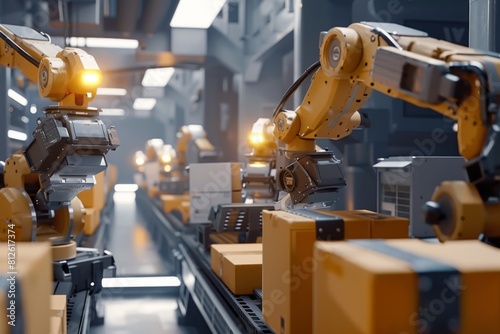 Automatic robot arm sorts cardboard boxes on a conveyor line. AI generated