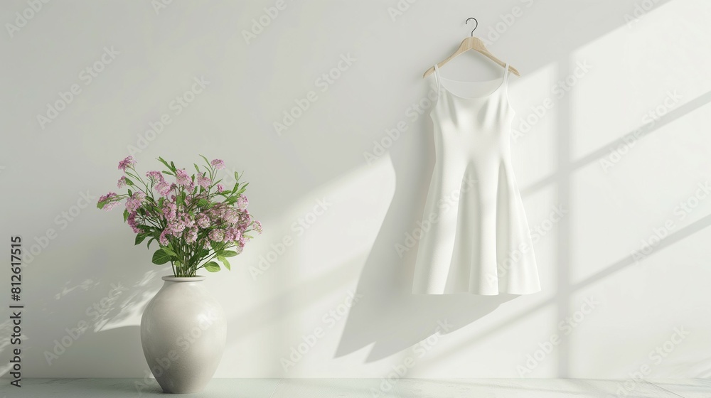 White dress mockup, lovely dress hanging on wall hanger White dress mockup, lovely dress hanging on wall hanger