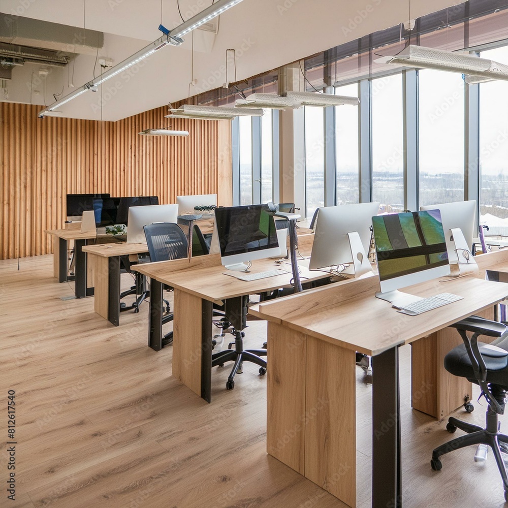 Wooden coworking interior with pc computers on desks in row, panoramic window Wooden coworking interior with pc computers on desks in row, panoramic window