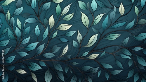 Elegant Teal and Navy Blue branches with plant leaves Pattern for Wallpaper or Background Design.