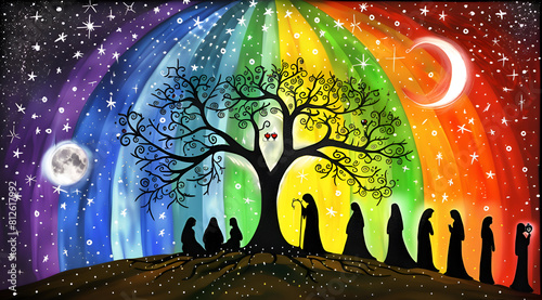 A colorful painting of a tree with a group of people around it. The people are dressed in robes and are standing in a line. The painting has a spiritual and mystical feel to it. Generative AI