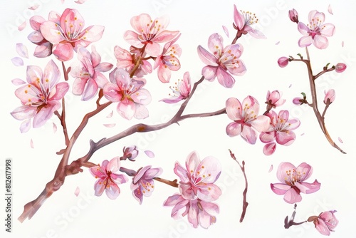 Watercolor painting of pink flowers on a branch  ideal for botanical illustrations