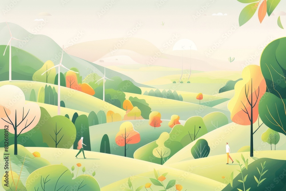 Naklejka premium Volunteers Planting Trees and Restoring Habitats in a Warm and Vibrant CalArts-Inspired. Beautiful simple AI generated image in 4K, unique.