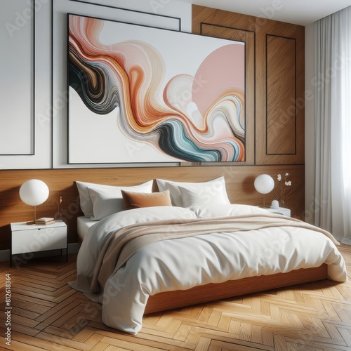 Bedroom sets have template mockup poster empty white with Bedroom interior and a painting above it image art photo has illustrative meaning. photo