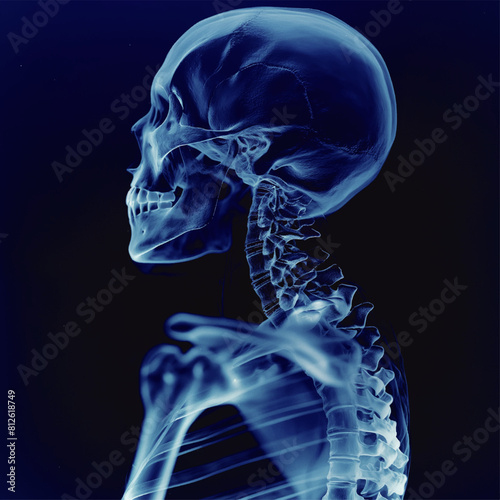 Skull and spine x-ray film on a dark blue background, side view