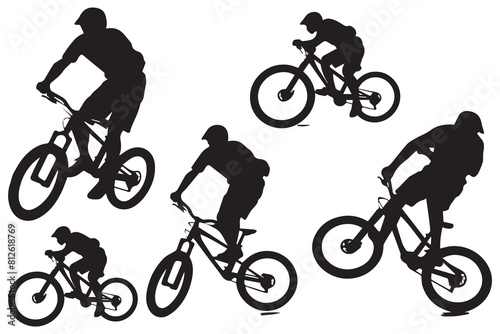 jumping bicyclist silhouettes in black on white background