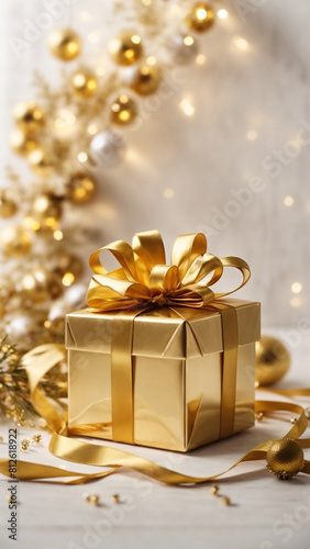 A golden gift box with a ribbon sits in front of a white tree with golden ornaments. The background is a white wall with golden lights.