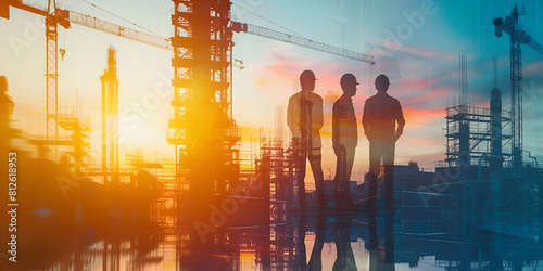 Sunset Over Construction: Building the Future , Silhouettes Against Progress: The Workers' Sunset, Silhouette of a group of construction workers on the background of a construction site