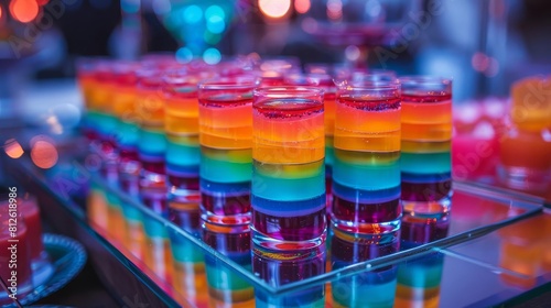 11 A vibrant display of rainbow layer jello shots, arranged neatly on a mirrored tray for a Pride party