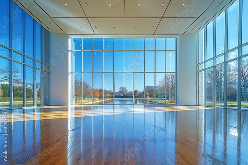 Large atrium with wide glass walls allowing ample sunlight to illuminate the wooden floors and interior