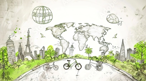 Illustration of World Bike Day Green Travel and Environmental Protection Festival,AI generated.