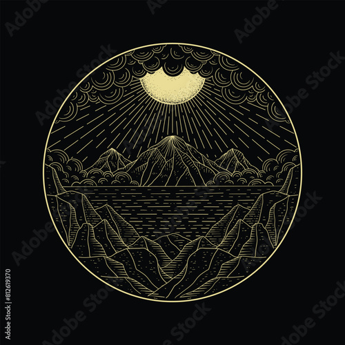 The landscape panorama of mountains at night illuminated by the moon