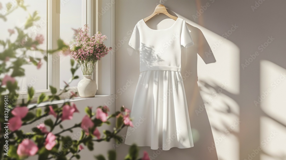 White dress mockup, lovely dress hanging on wall hanger White dress mockup, lovely dress hanging on wall hanger