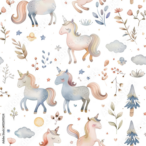 A seamless repeating pattern watercolor painting of unicorns and a forest