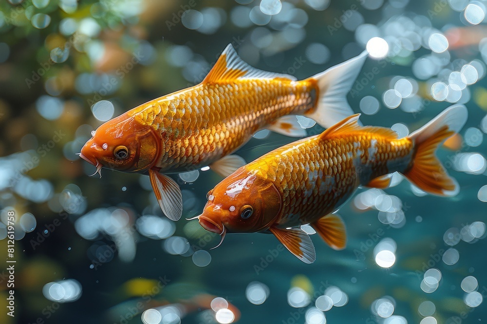 A vivid image of two orange koi fish swimming closely in sparkling water