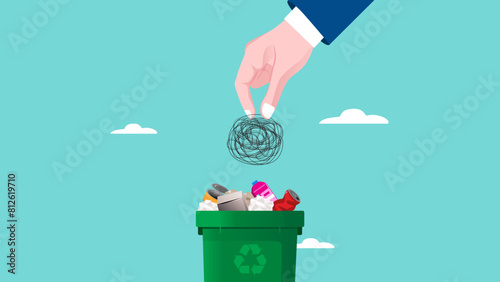 relieve stress and anxiety when facing problems, businessman hand throws stress messy line ball into trash can for relieve stress or anxiety vector illustration