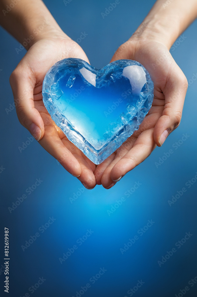 hands holding ice in shape of heart, realistic illustration of environment, love for water and iceberg concept over blue backround with copy space hands holding ice in shape of heart, realistic illustration of environment, love for water and iceberg concept over blue backround with copy space