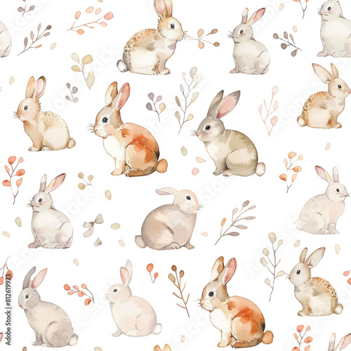 A seamless repeating pattern watercolor painting of a group of rabbits in a field