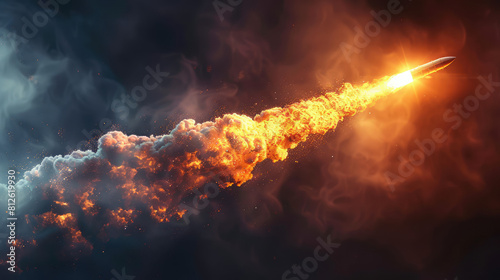 A missile rocket with fire trail isolated on transparent background photo