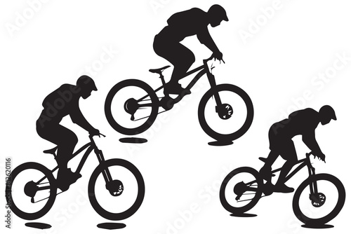 jumping bicyclist silhouettes in black on white background