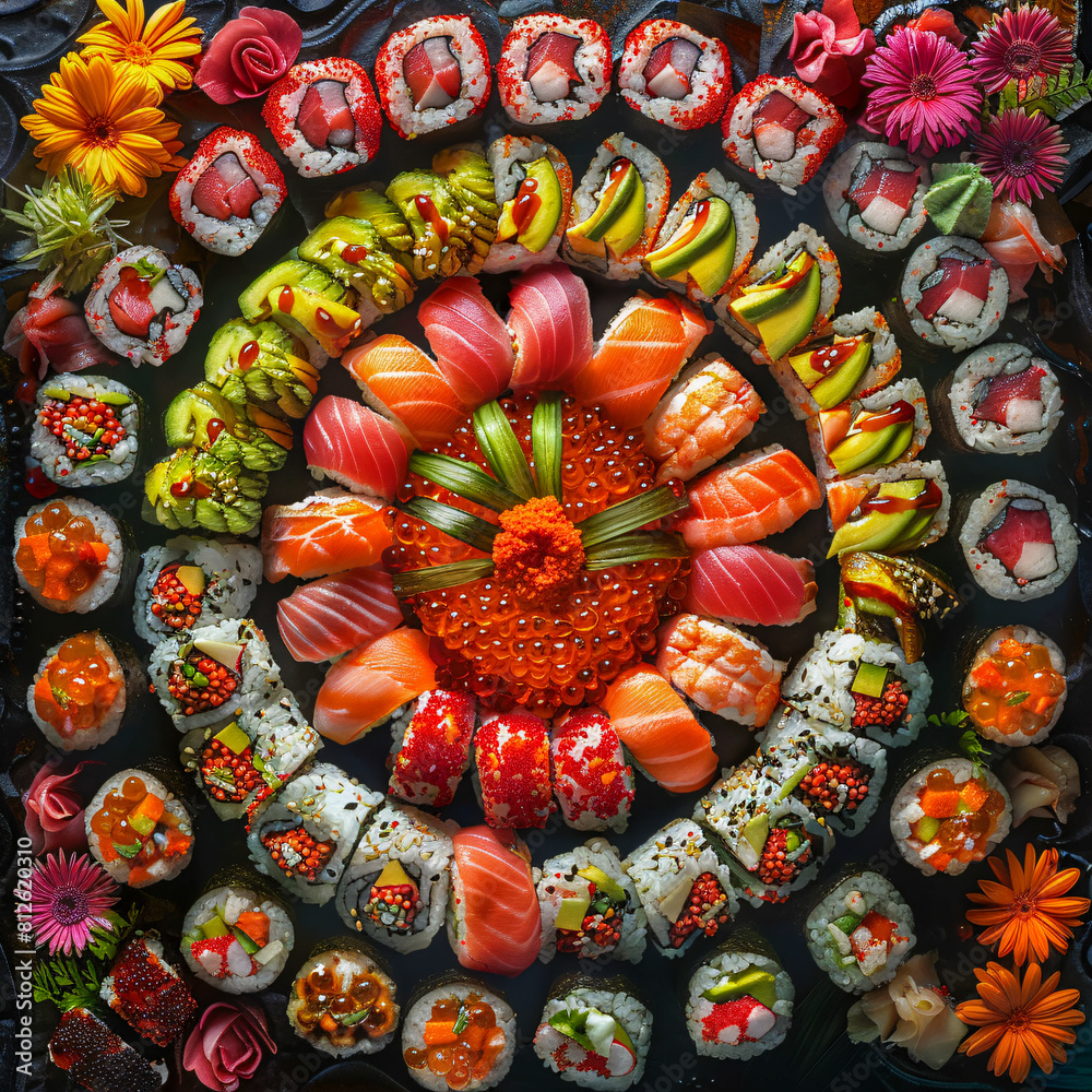 Circular arrangement of sushi and flowers on a dark background