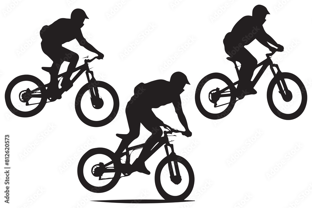 Fototapeta premium jumping bicyclist silhouettes in black on white background