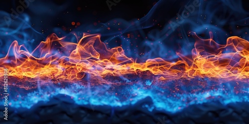 Fire Blue. Closeup of Flames on Black Background - Hellish Cooking Scene