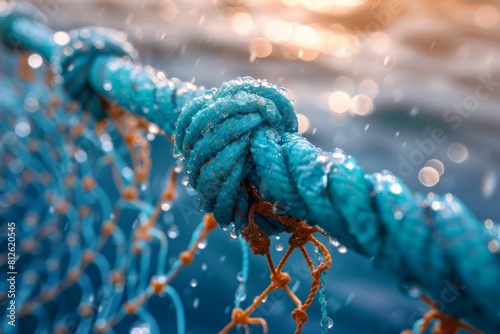 A detailed macro shot of a blue rope with a knot, covered in dew drops, highlighting textures and colors