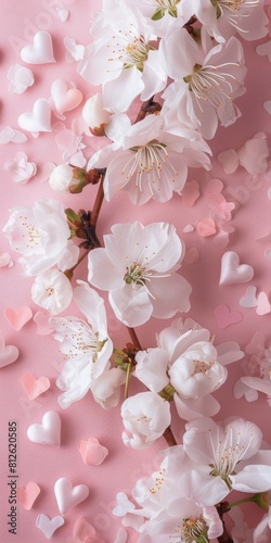 February Background. White Floral Decorations and Hearts on Pastel Pink Background