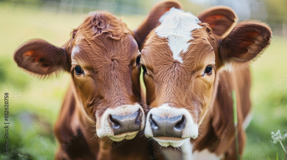Two brown and white cows standing next to each other in a field, AI Two brown and white cows standing next to each other in a field, AI