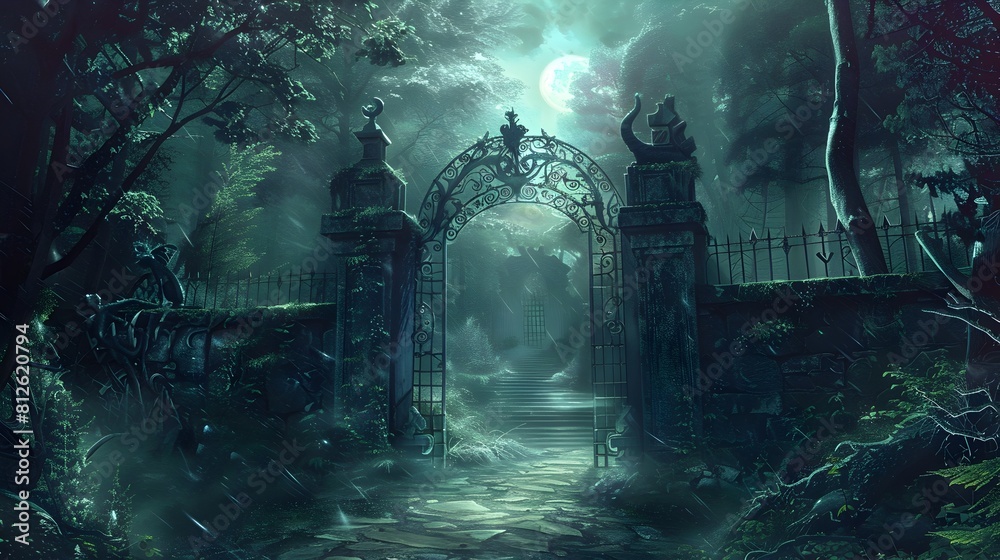 Enchanting Entrance to a Mystical Forest Landscape at Twilight