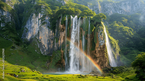 Serene Waterfall with Rainbow in Lush Greenery