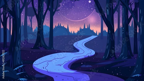 Enchanting Nighttime Forest Landscape with Winding River and Starry Sky photo