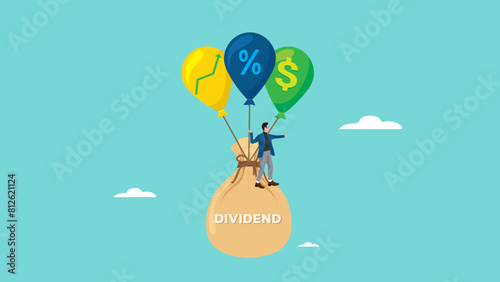 dividend, stock investment return concept, happy businessman standing on money bag with the word dividend floating with dollar sign balloons
