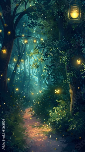 Enchanting Nighttime Forest Path Glowing with Ethereal Illumination and Mystical Ambiance