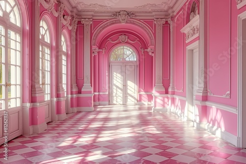 An elegant, sunlit room in Baroque style with pink walls and checkered floors, radiating a royal and romantic ambiance