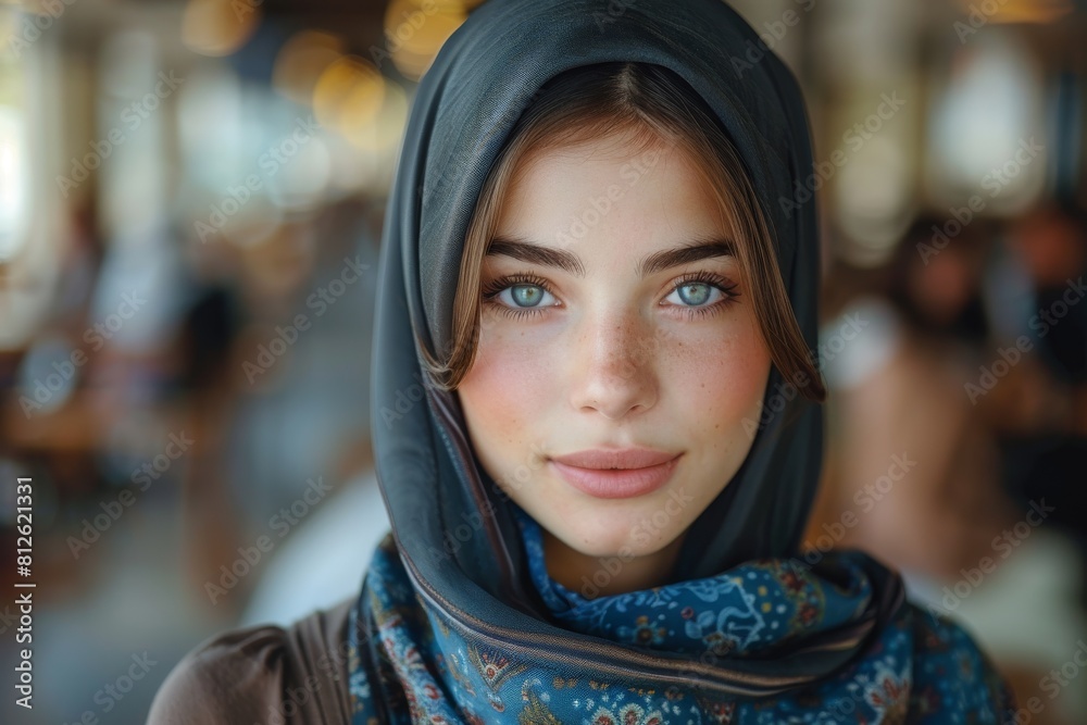 Radiant young woman dons a gray headscarf and blue patterned scarf, her eyes sparkle with freshness Radiant young woman dons a gray headscarf and blue patterned scarf, her eyes sparkle with freshness