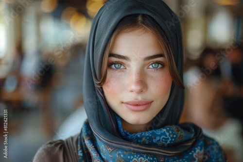 Radiant young woman dons a gray headscarf and blue patterned scarf, her eyes sparkle with freshness