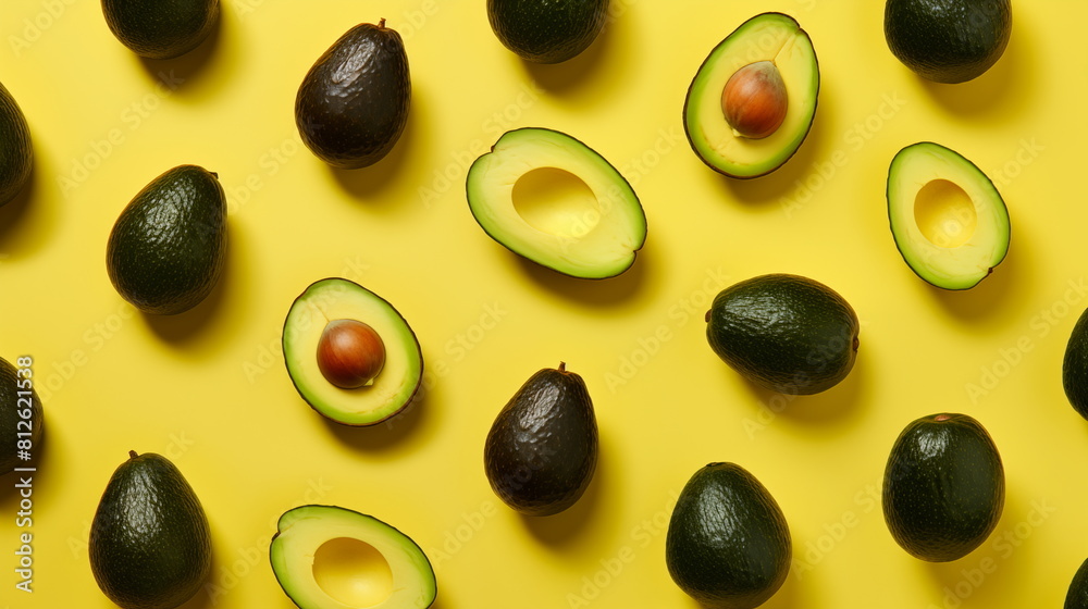 Avocados halved on yellow background, natural food ingredient
