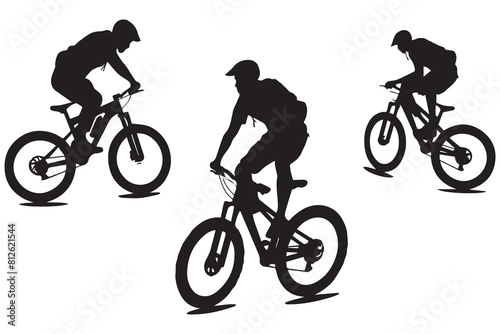jumping bicyclist silhouettes in black on white background