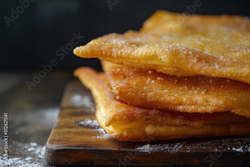 Sopapilla Traditional Mexican Fried Bread Dessert - Closeup on Dark Background with Chile Pepper, photo