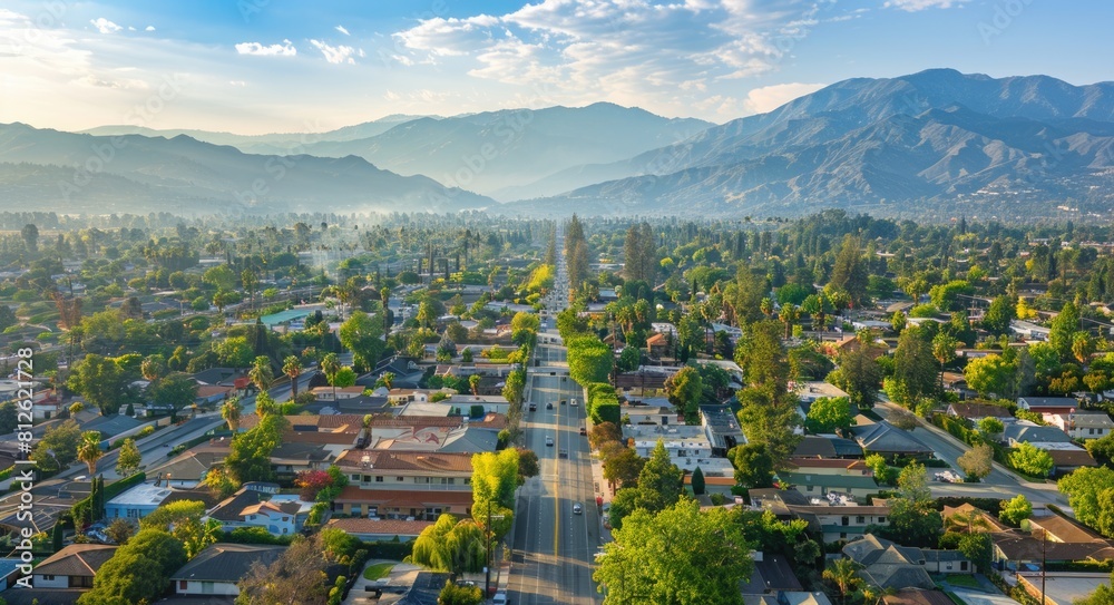 Obraz premium Aerial View of Covina, Southern California, USA - Capturing the City Skyline and Landscape Up High