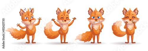 Set of amusing cartoon foxes in different poses. Vector illustration.