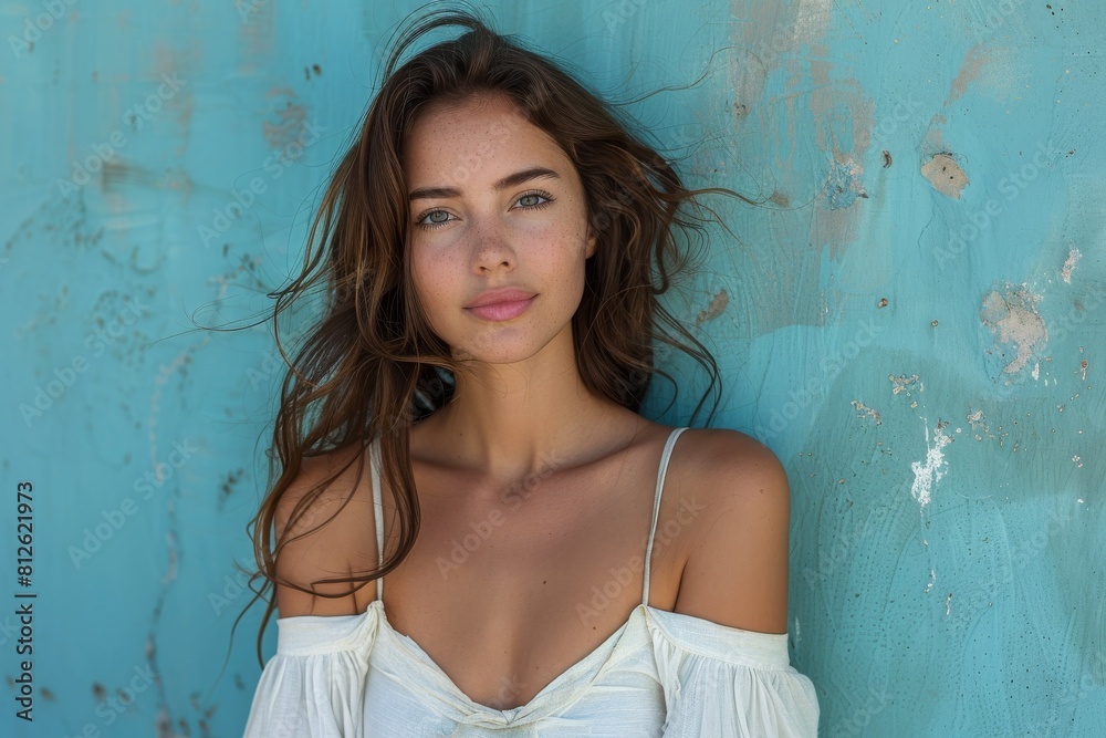 Casual brunette woman with effortless beauty standing before a blue wall Casual brunette woman with effortless beauty standing before a blue wall