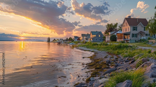 Houses Facing Waterfront in Kamouraska, Quebec: Beautiful Sunset View Over St. Lawrence Estuary photo