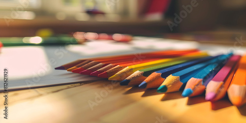 A close up of a row of colored pencils lined up on top of each other Details of colored pencil tips isolated on brown background There are a lot of colored pencils standing vertically in a stationery 