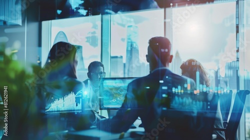 The image shows a group of diverse professionals working together in a modern office setting