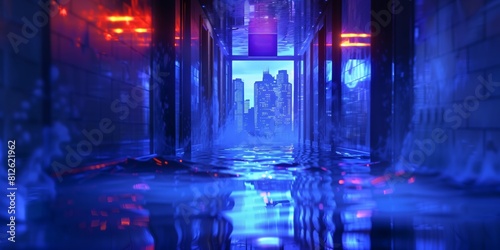 futuristic cityscape submerged in neon-lit floodwaters © kraphix