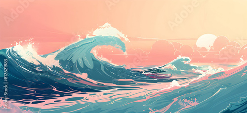 Ocean waves, beautiful sea waves, flat style illustration, pink and blue  colors, horizontal orientation, sunset, sunrise  © Krystyna Palamar 