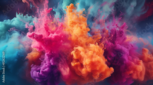 A field of colorful smoke bombs exploding in a vibrant display  captured mid-air  with the colors blending and morphing.